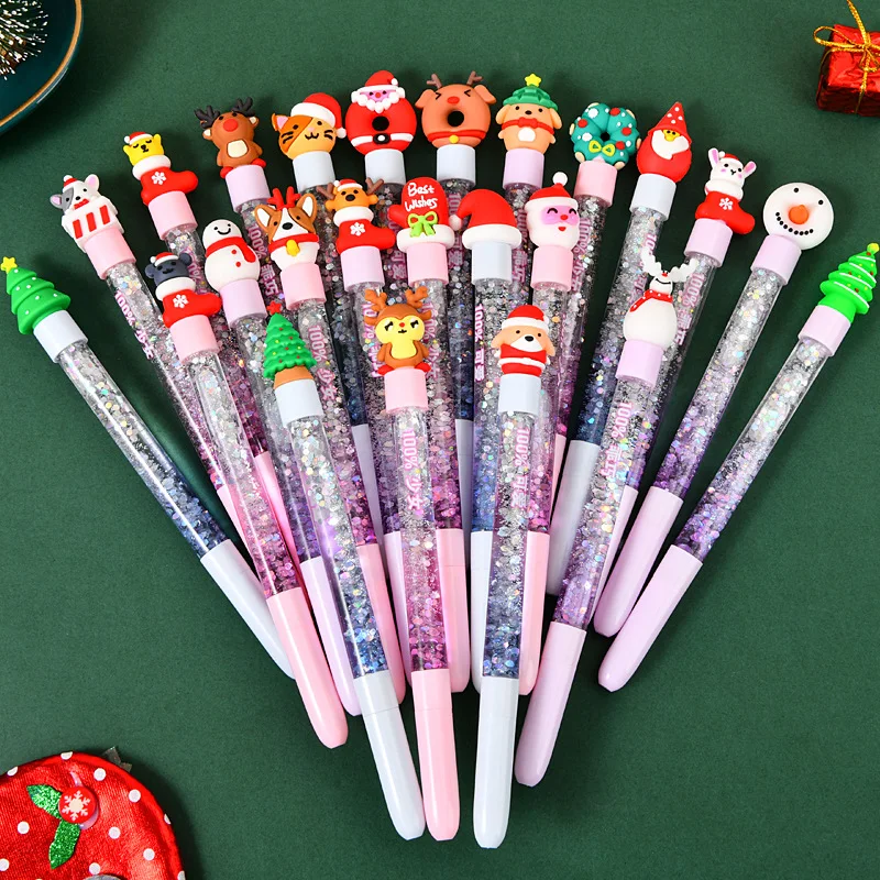 5/10/20pcs Cute Cartoon Christmas Colorful Oil Flowing Sand Gel Pen 0.5mm Black Ink Pens School Office Writing Stationery Gifts