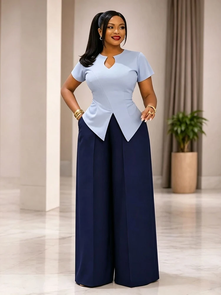 African Style Women Elegant 2 Piece Outfit Slim Fit Top with Wide Leg Pants Summer Lady Professional Outfit Matching Sets Daily