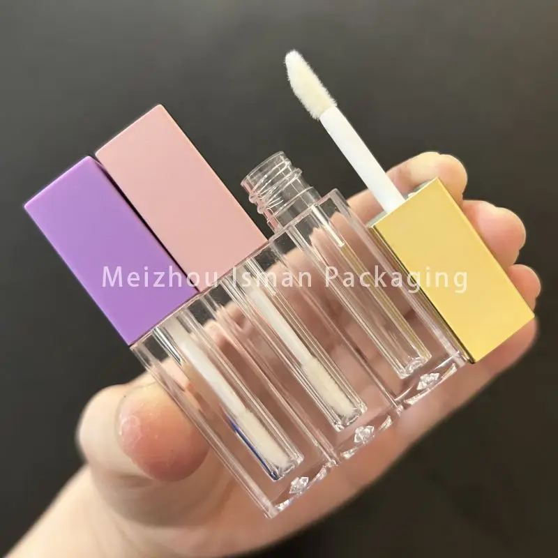 

50Pcs 1.2ml Mini Purple Gold Pink Plastic Empty Refillable Clear Square Sample Lip Gloss Bottles Packaging Tubes With Brush