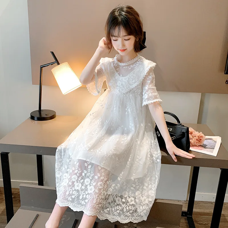 

Children's Clothing Summer Girls' Fashion Dress Summer Medium and Big Children's White Lace Gauzy Skirt Princess Dress Summer Fa