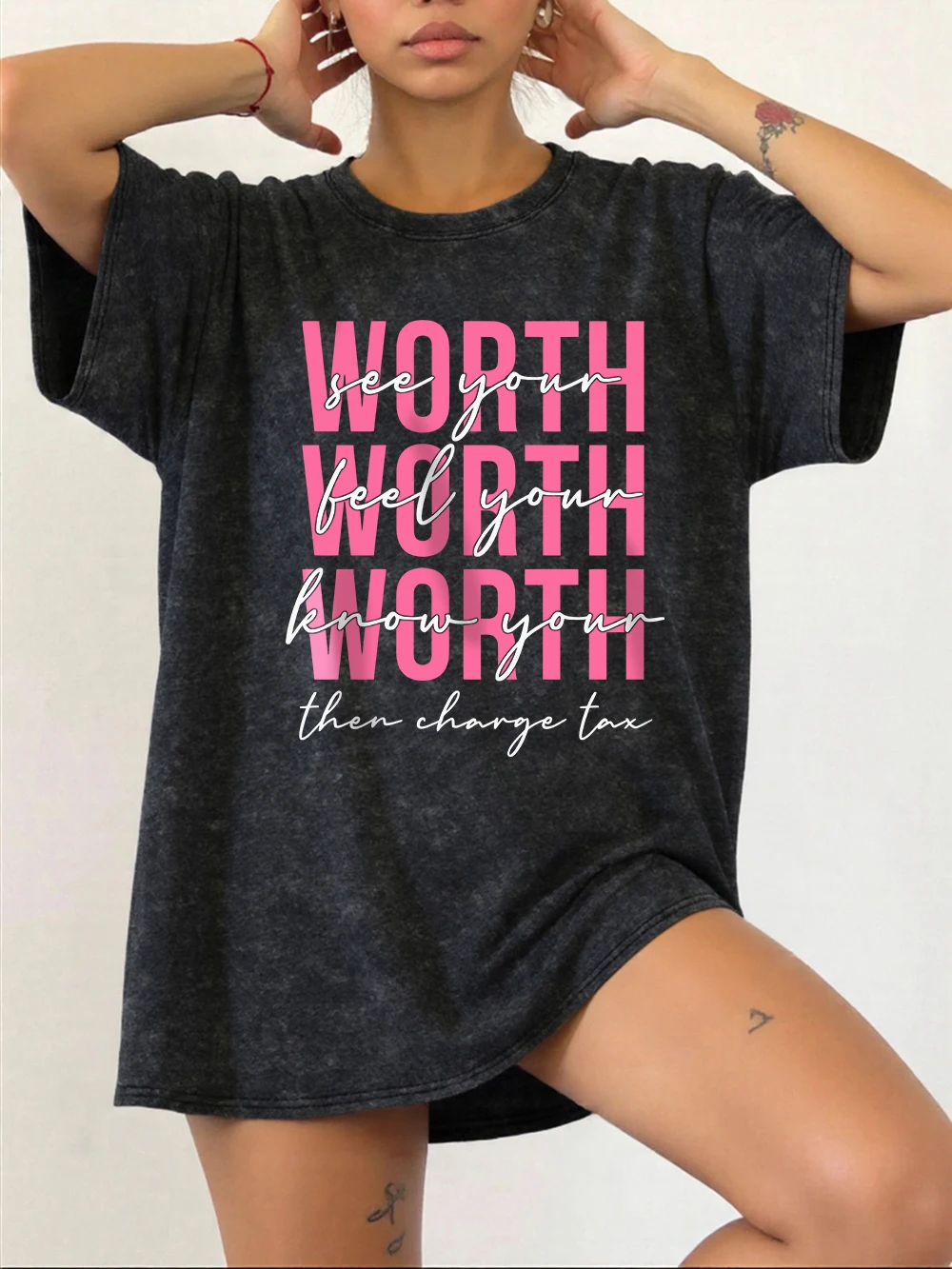 

Self Worth Printing Washed T-Shirts Womens Cotton Oversized T Shirt Summer Comfortable Short Sleeve Tops Casual O-Neck Clothes