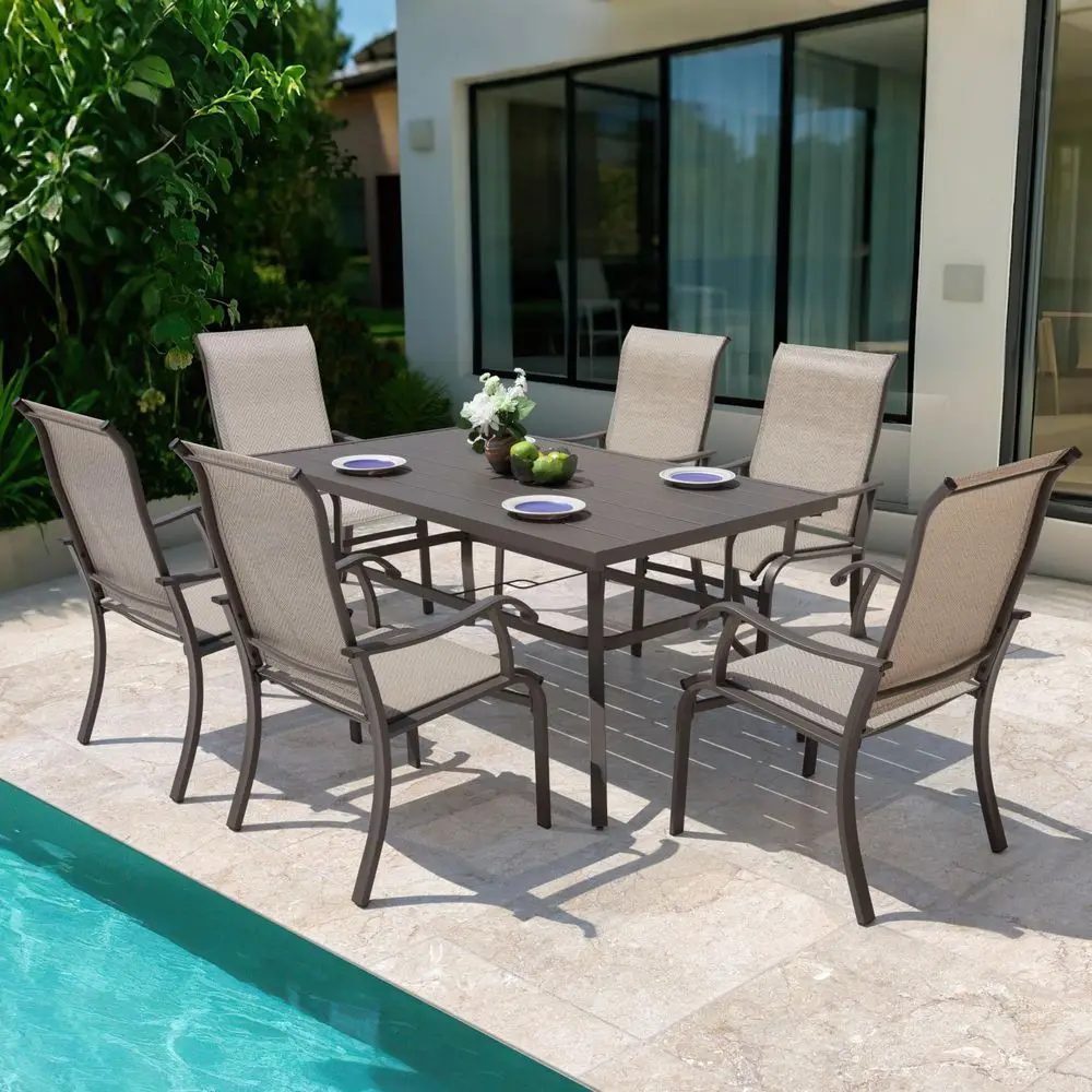 

7 Piece Outdoor Dining Set, 6 Textilene Dining Chairs and 60.6 Rectangular Slatted Table with Umbrella Hole, WeatherResistant P