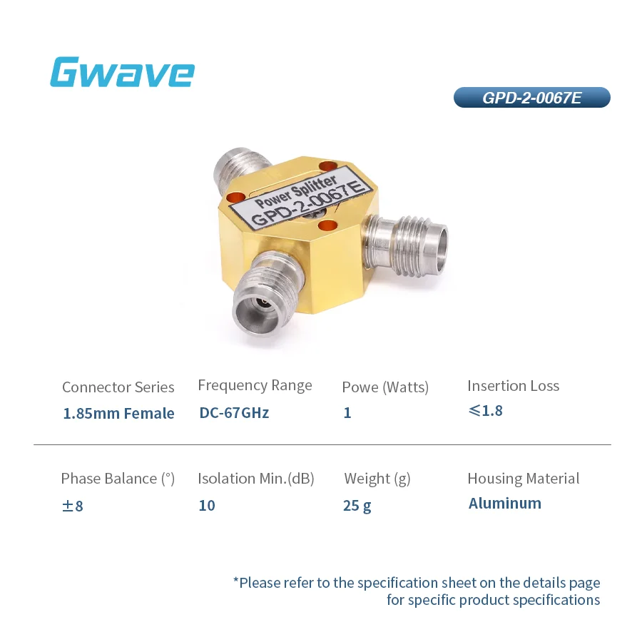 2-Way 1.85mm Power Splitter for Telecom DC to 67 GHz 1 Watt Rated