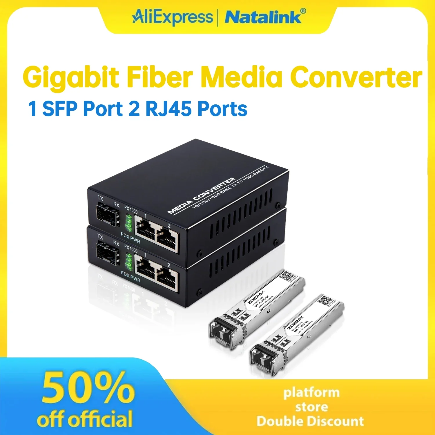 

Natalink Gigabit Fiber Media Converter 1 SFP Port 2 RJ45 Ports Ethernet Transceiver 1.25G SFP LC Multimode