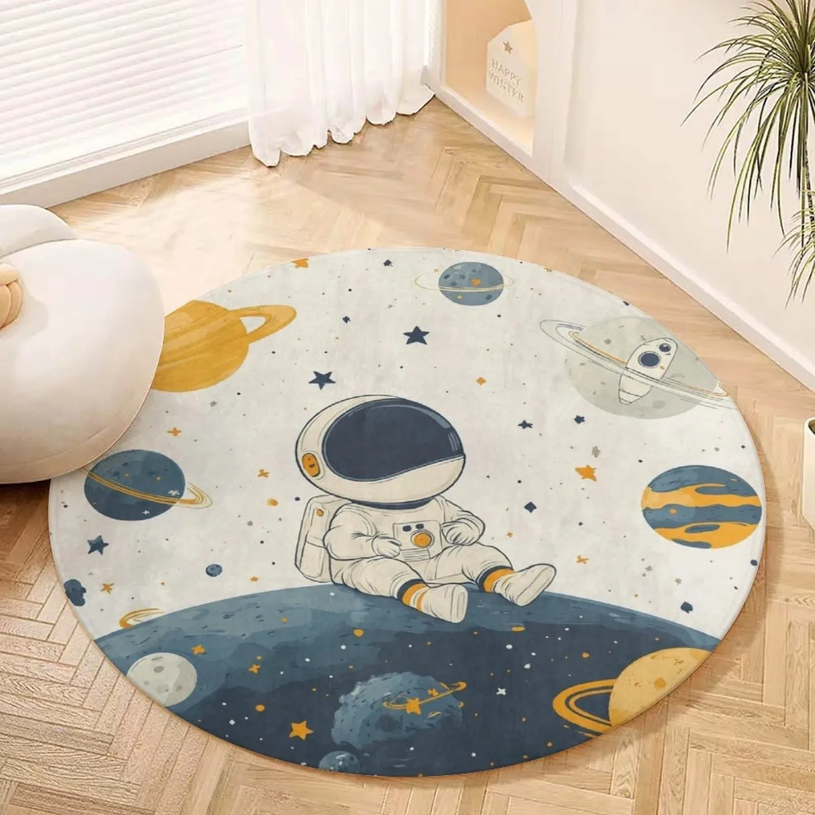 VIKAMA Cartoon Astronaut Planet Round Rug Soft Non Slip Living Room Bedroom Carpet Home Decor