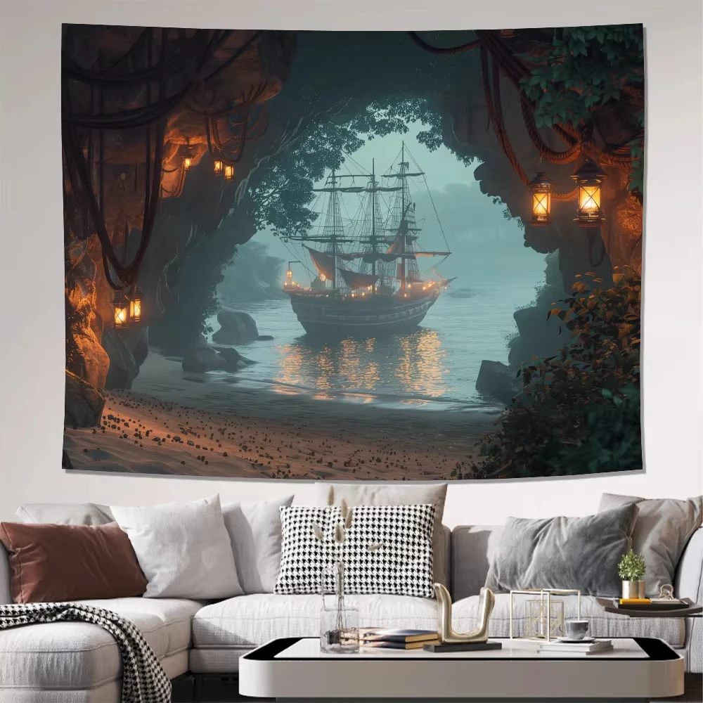 Pirate Cave Background Cloth Tapestry, Mysterious Theme Wall Hanging for Living Room Bedroom Office Party Home Decor