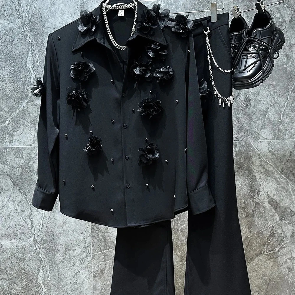 

Winter New Men's 3D Floral Long-Sleeved Shirt French Retro Light Luxury Fashion Trend High Street Loose Casual Niche Men's Top