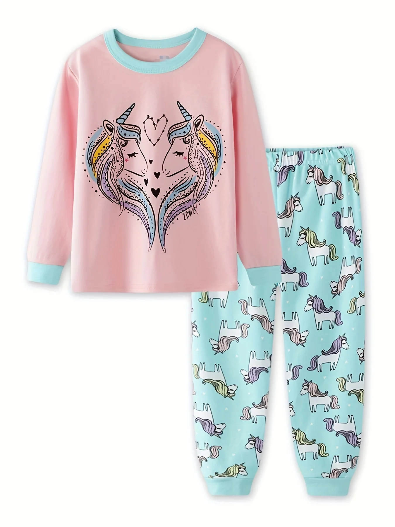 Young Girls Unicorn Cartoon Long Sleeved Pajamas Two Piece Set For Toddler Girl
