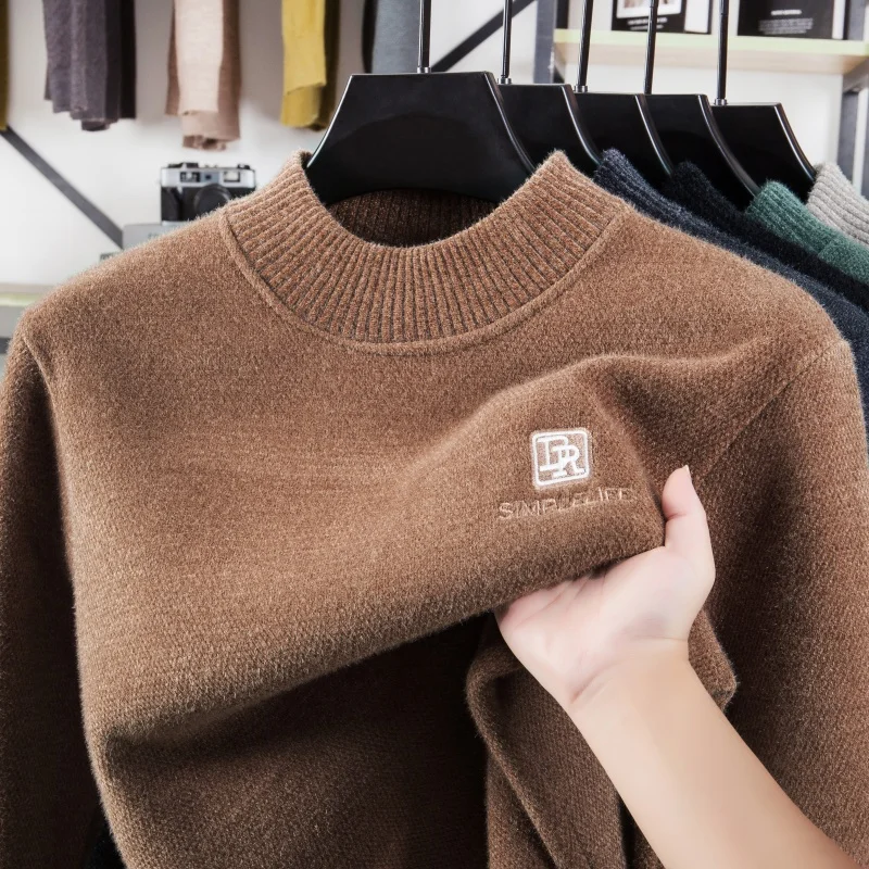 Men's Autumn Winter Long Sleeves Knit Sweater Round Neck Mink Fleece Embroidery Fleece-Lined Pullover Trend Leisure Fashion Tops