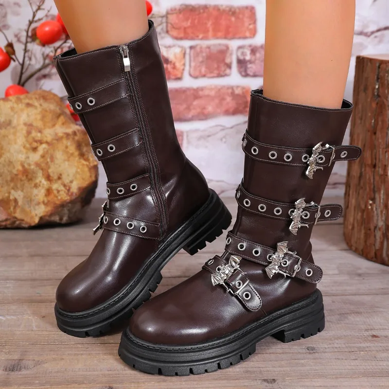 2025 Temperament Platform Non-slip Rider Boots Winter New Round Toe Zipper Metal Buckle Waterproof Personality Mid-leg Boots