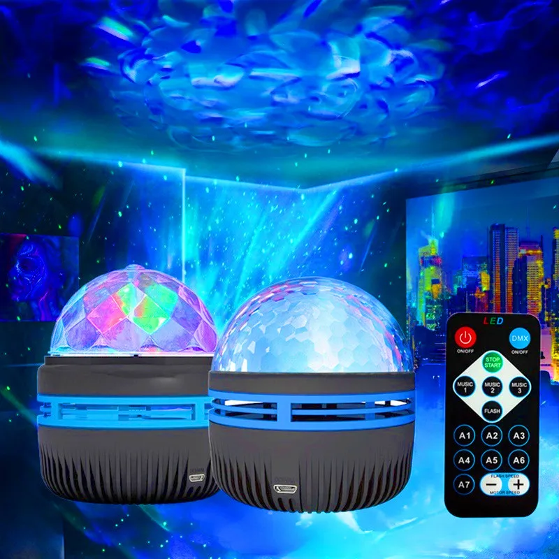 Starry Sky Sound Control Magic Ball Light, Iluminação de palco USB, lâmpada ambiente, controle remoto, projeção LED, água Ripple, Quarto