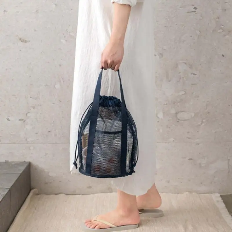 Reise-Kosmetiktasche mit Großer Kapazität aus Netzstoff, Faltbare Casual-Netztasche mit Kordelzug, Seilbündeltasche, Schwimm- und Waschbeutel – Detail 3