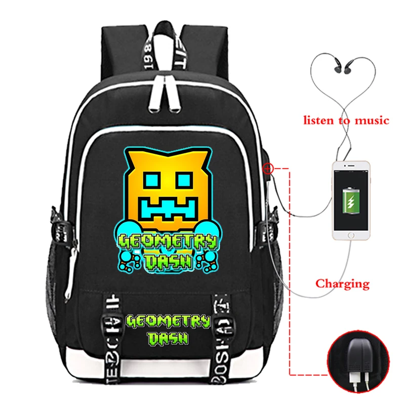 غاضب الهندسة داش الطباعة حقائب الظهر الكرتون لعبة الابتدائية المدرسية للمراهقين مقاوم للماء USB شحن حقيبة كتب Mochlia