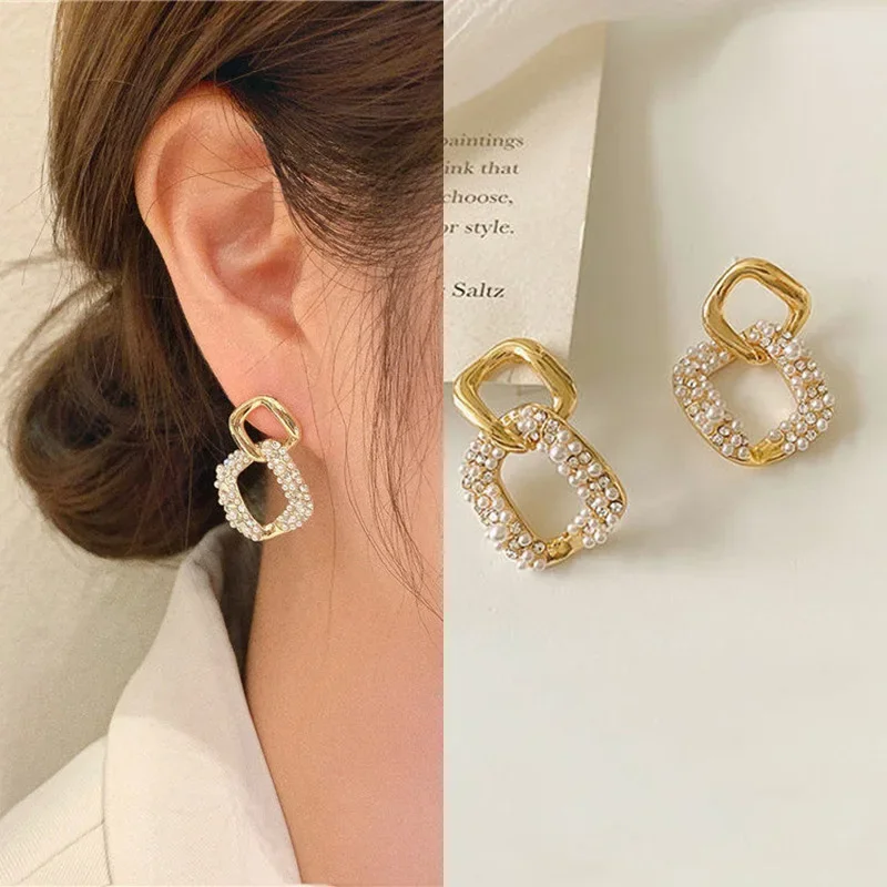 Trendy Crystal Geometric Irregular Square Dangle Earrings For Women Imitation Pearl Tassel Earring Girl Party Custom Jewelry