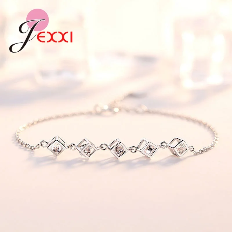 New Stamp 925 Silver Needle Drop Earrings Square Crystal Pendant Necklace Extend Bracelet For Women Jewelry Sets