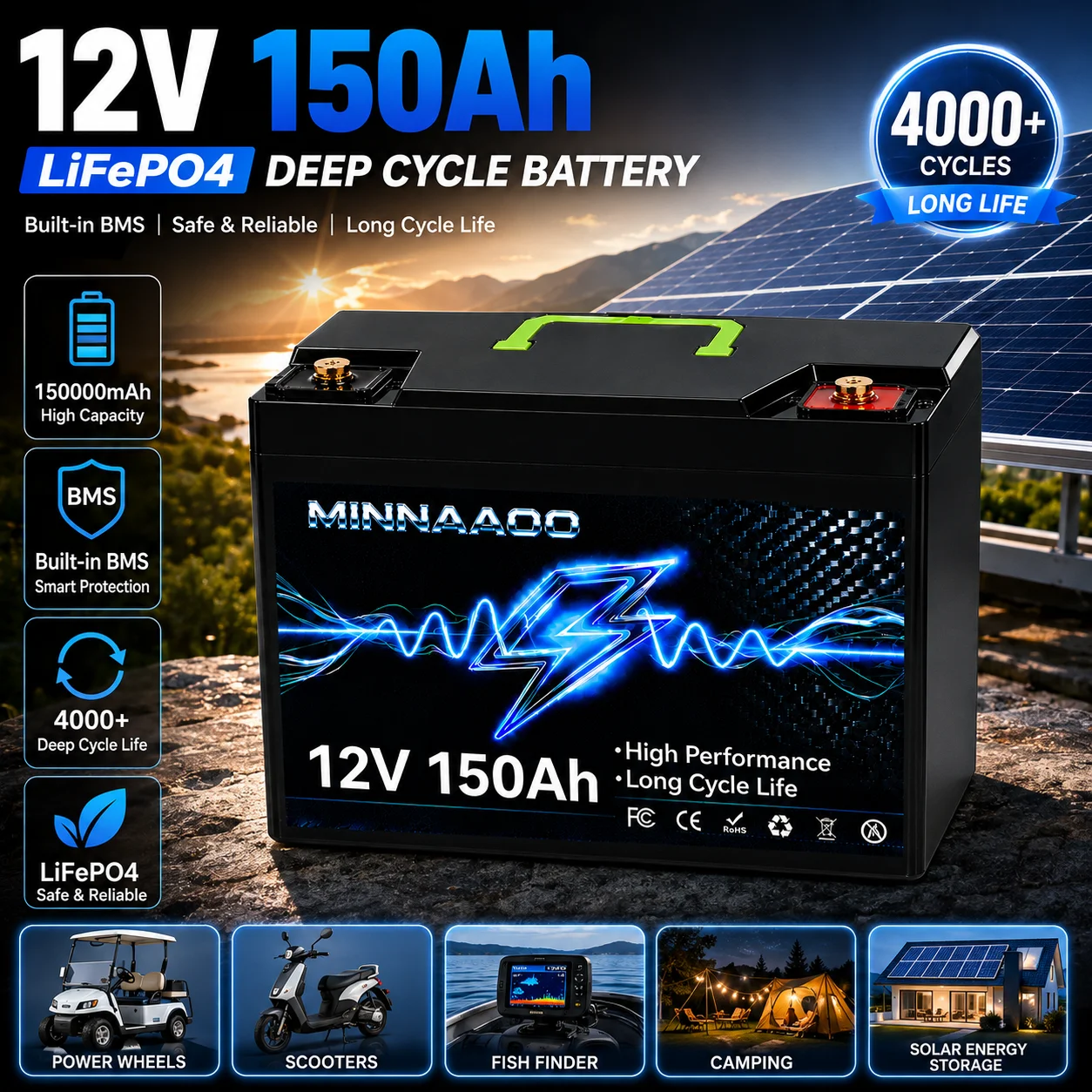 21700 Battery 12V 150000mAh LiFePO4 Solar Battery Deep Cycle Rechargeable Built-in BMS Lithium 150Ah for RV Solar Home Storage