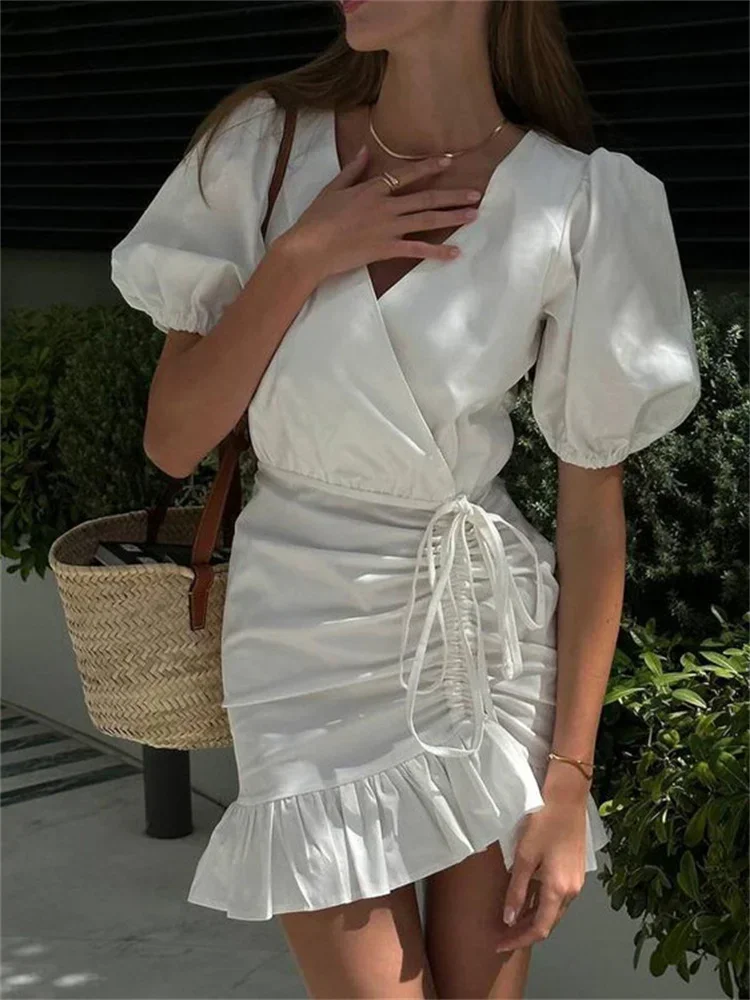

Drawstring V-Neck Sexy Mini Dress Female Ruffled Short Sleeve Patchwork Lace-Up White Dress Women's Bandage Party Dress