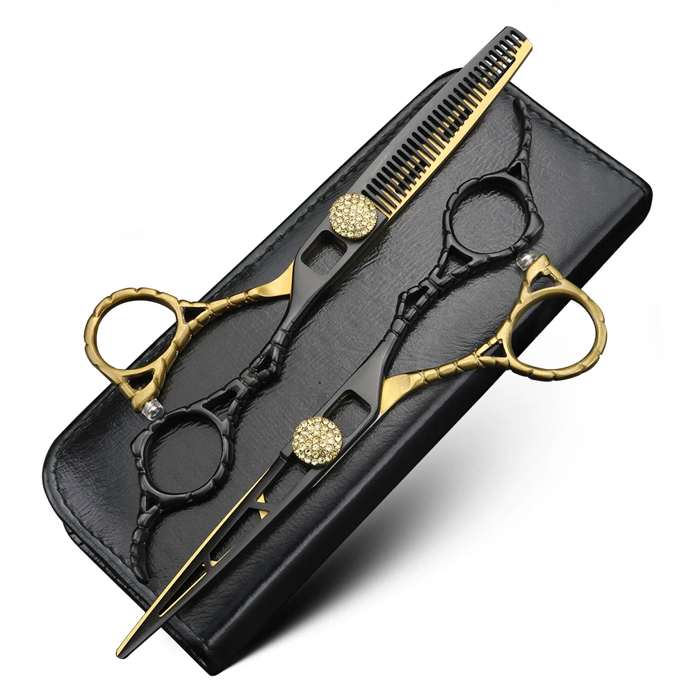 Black gold muscle handle hair scissors 6-inch barber 440C steel cutting and thinning scissors