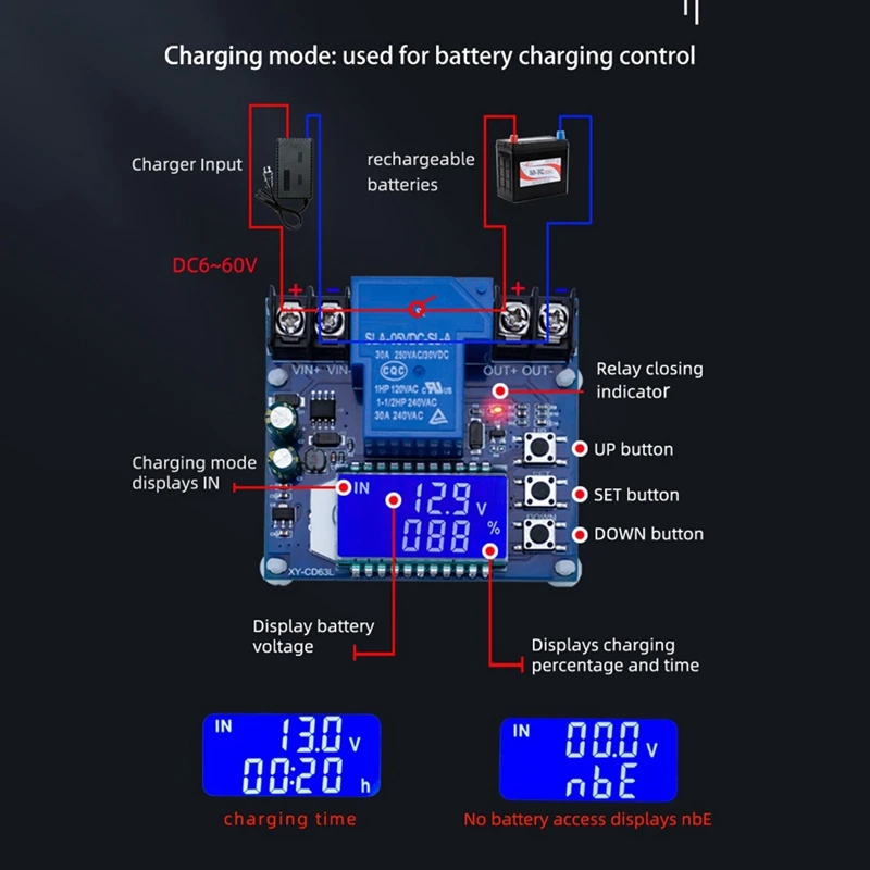 

XY-CD63L 30A Battery Charge Discharge Controller Low Voltage Cut Off Switch Undervoltage Overvoltage Protection Display-A75P