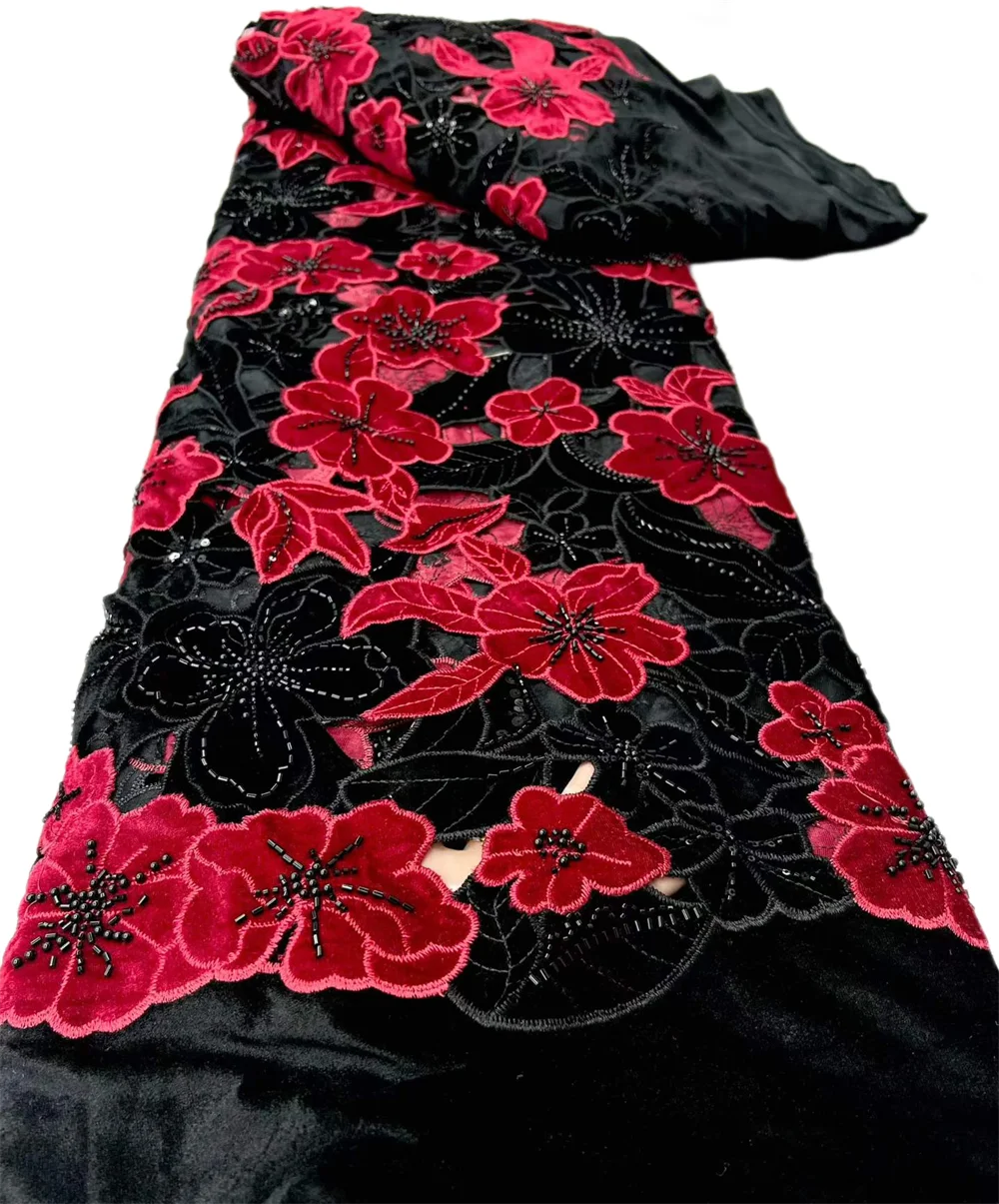 Zwart-witte, luxe, elegante, handgemaakte kant met kralen, tule, fluweel, Nigeriaanse en Franse stijl, met pailletten en borduursels, geschikt voor bruidsmode.
