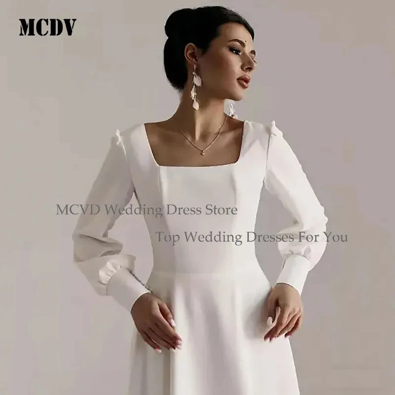 

MCDV Elegant Arabic Wedding Dresses Square Neck Long Sleeves Satin Modest Bespoke Beach Brides Gown Customized