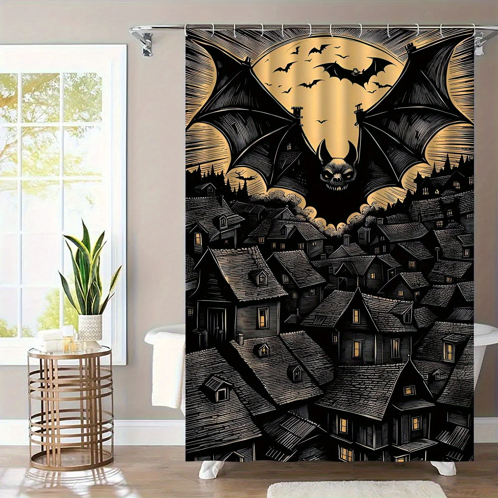 

1pc, Simple, Bat Pattern Shower Curtain- Elegant Natural Design for Every Scene Including 12 Hooks, Polyester Fabric for Easy