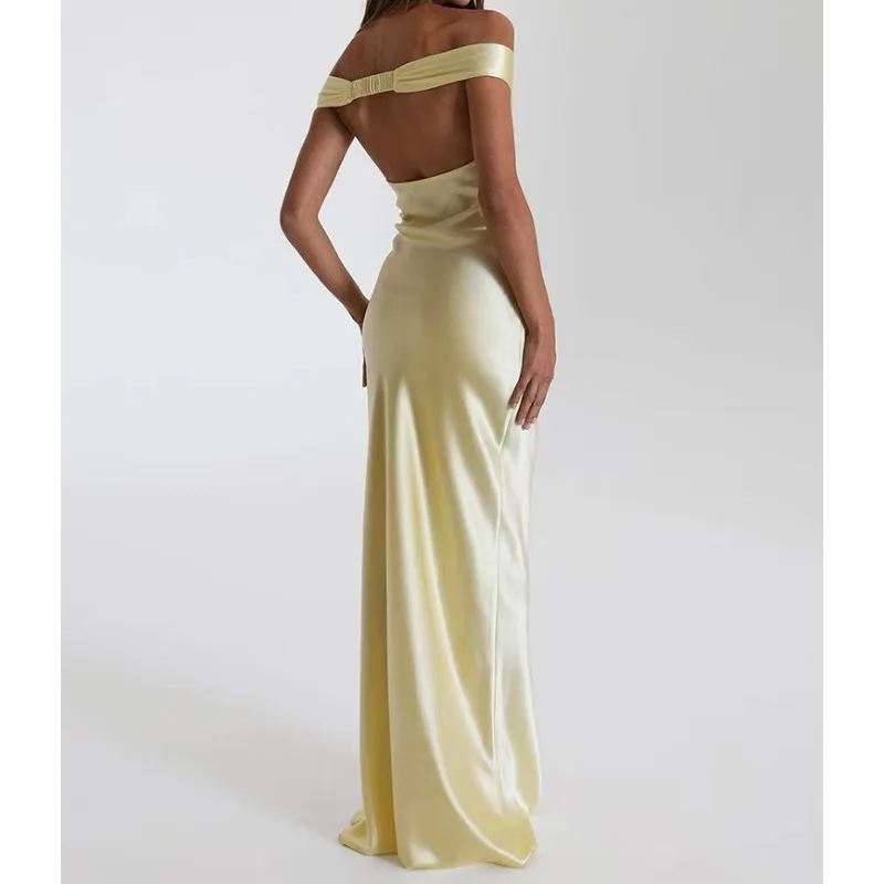 Satin Off-shoulder Backless Sexy Maxi Dress Women Gown Fashion Strapless Sleeveless High Waist Club Party Long Dresses