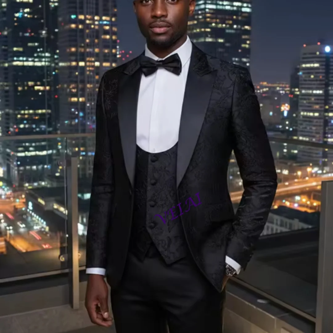 

Черные мужские костюмы высокого качества по индивидуальному заказу, вечернее платье в стиле ретро, мужской пиджак, черный мужской свадебный пиджак из трех предметов для жениха, куртка для мужчин