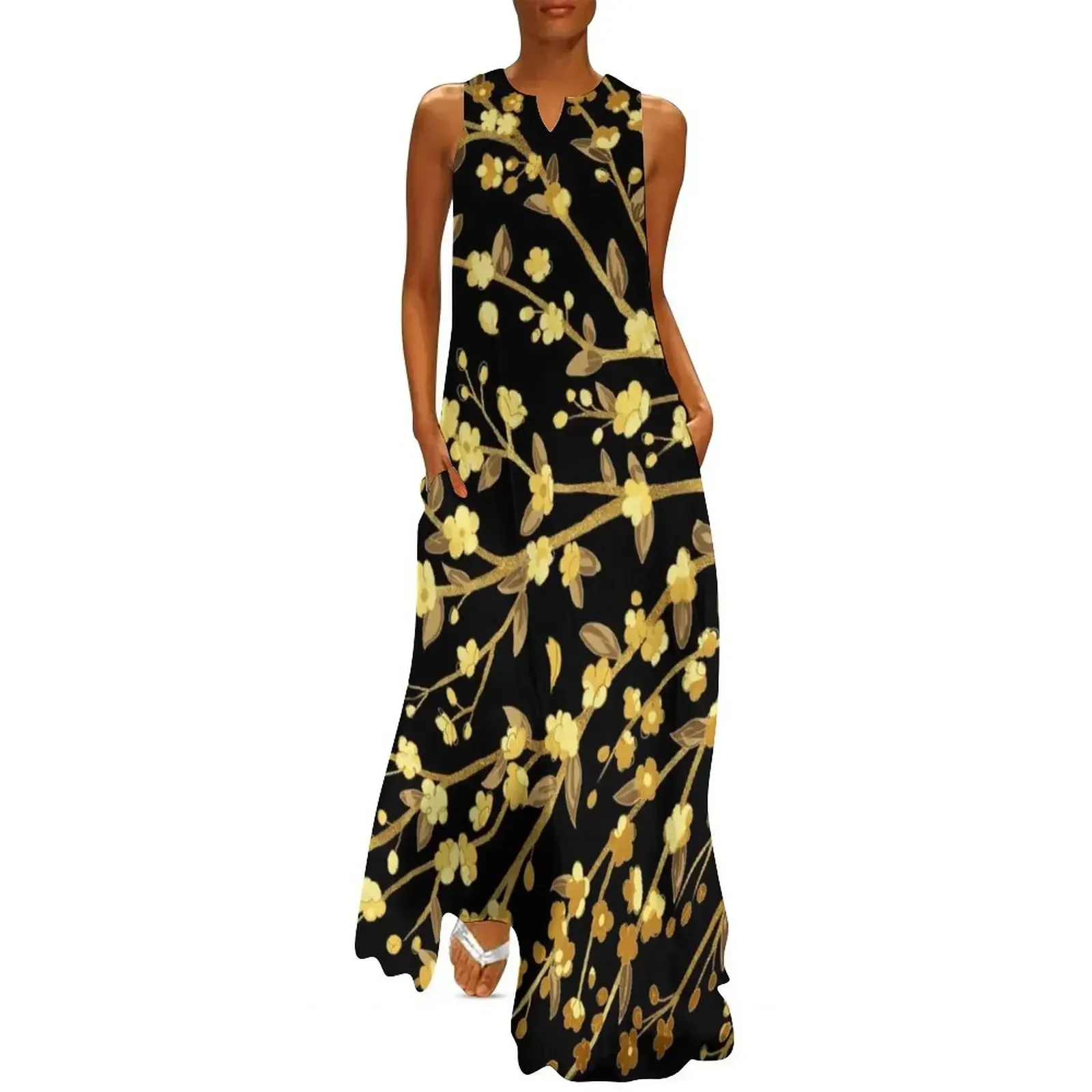

Gold Cherry Blossom Sakura branches all over on Black Long Dress women's clothing korea stylish Dress