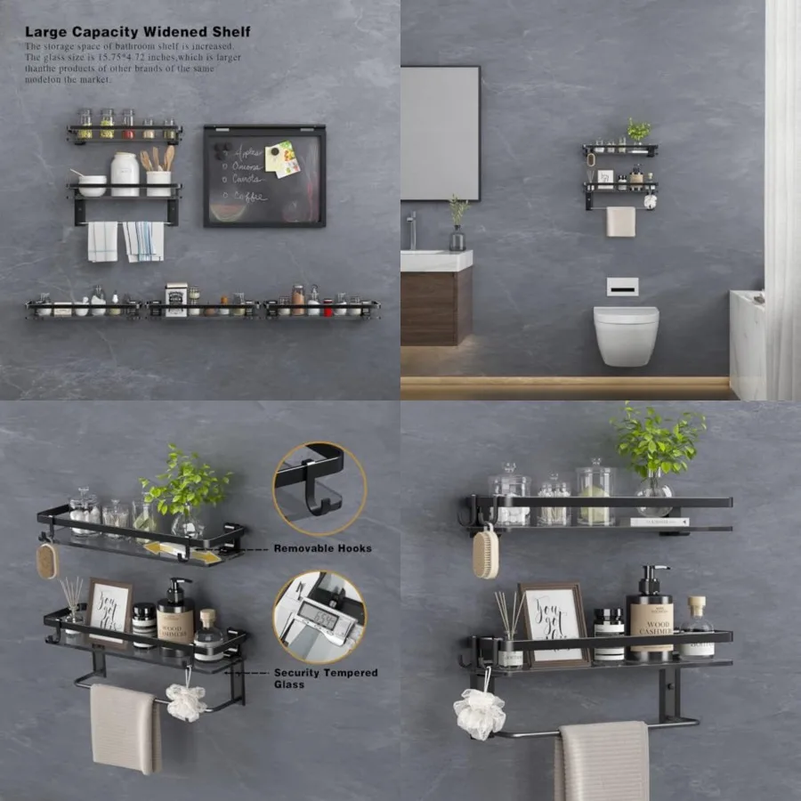 

Glass Shelf for Bathroom 5.7 in Black Bathroom Shelves Wall Mounted Tempered Glass Shelving 4 Removable Hooks