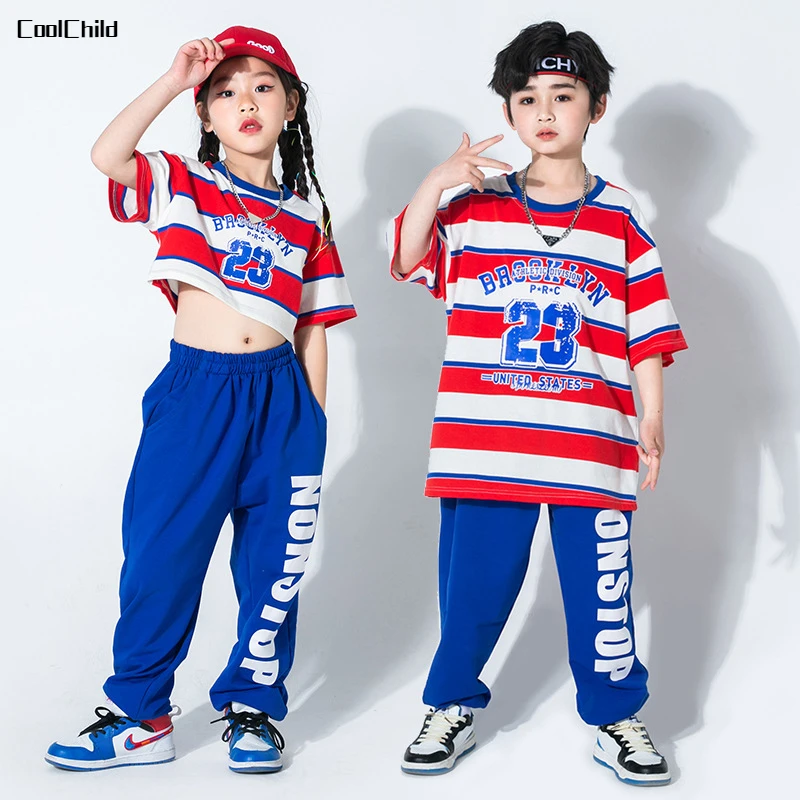 

Girls Hip Hop Contrast Tee Sport Pants Boys Striped T-shirt Joggers Clothes Set Kids Street Dance Wear Child Summer Cool Costume