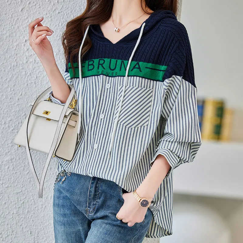 Korean Loose Hooded Striped Blouse Women's Clothing Letter Knitted Patchwork 2023 Spring Autumn Casual Drawstring Pockets Shirt