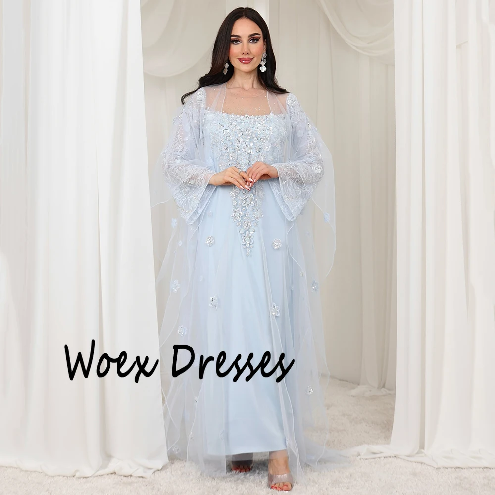 Vestido de noche personalizado de Jersey con cuello cuadrado azul cielo, Apliques de encaje con capa de tul, vestido de fiesta de manga larga hasta el tobillo