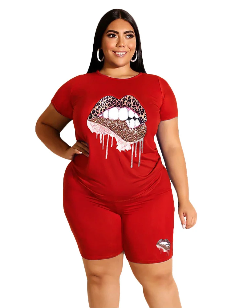 Wmstar Plus Size Two Piece Outfits for Women Tracksuit Shorts Sets  Lip Print Top Casual New In Matching Wholesale Dropshipping