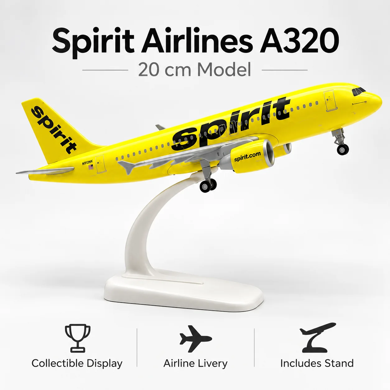 Airbus A320 Spirit Airlines Metal Plane Model 20cm with Stand Landing Gear Collectible Gift Aviation Collection Desk Decor