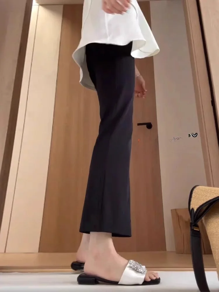 

Брюки-клеш с высокой талией из ледяного шелка, тонкие, черные, для осени и весны, повседневные, для женщин, для работы, асимметричные, облегающие