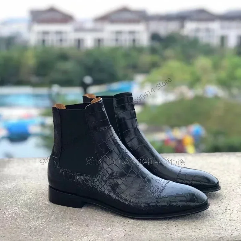 黒のクロコダイルプリント、ポインテッドトゥ、アンクルブーツ、メンズファッションスリッポンブーツ、ハンドメイド、パーティー、宴会、オフィス、大きいサイズ、メンズドレスシューズ
