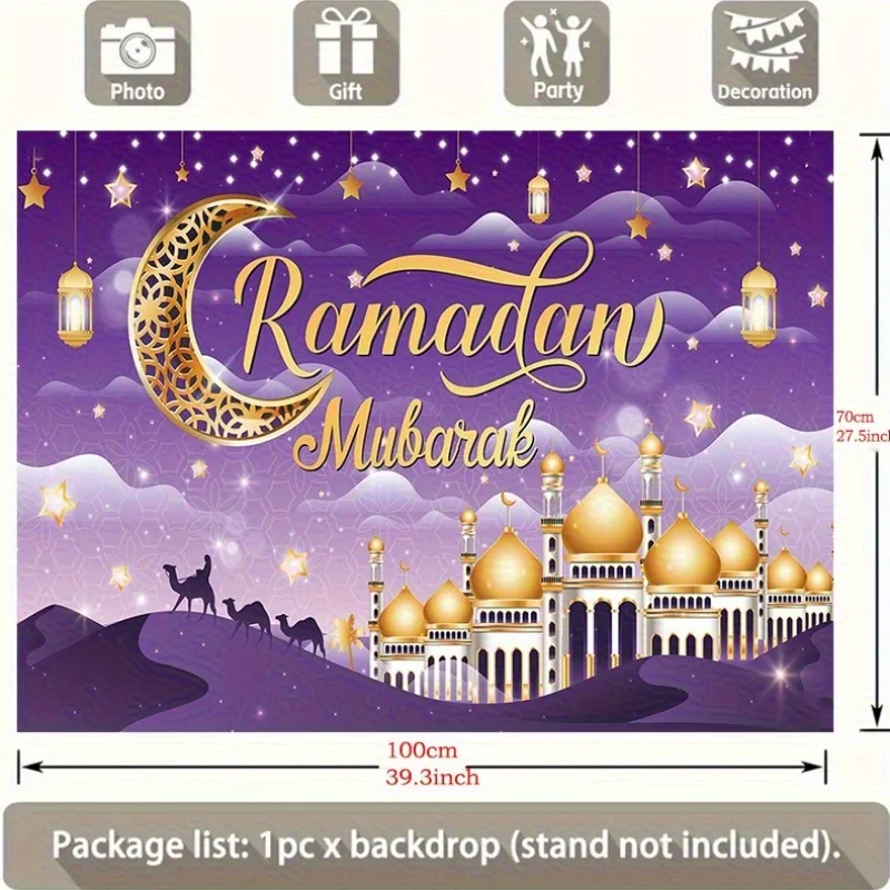 VIKAMA Eid Mubarak Fotografie-Hintergrund – Ramadan Mubarak Party-Dekoration, lila mit goldenem Halbmond und Sternen