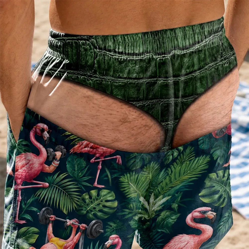 Funny Gym Workout Flamingo Mens Swim Shorts Tropical Jungle Leaf Printed Quick Dry Beach Board Trunks Holiday Bathing Suits Male