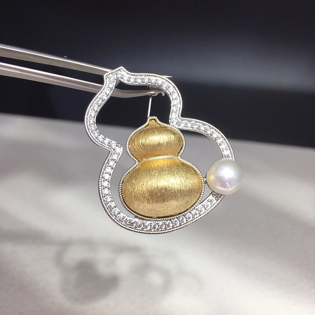 ZHBORUINI  Natural Freshwater Pearl Brooch Chinese Style Double Gourd Inlaid Zircon Design Fashionable Jewelry Accessory