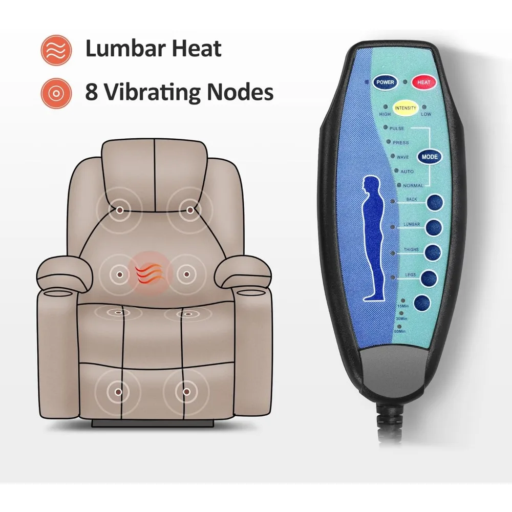 Sofá reclinable con elevación eléctrica con masaje y calor para personas mayores, 3 posiciones, 2 bolsillos laterales y portavasos, puertos USB