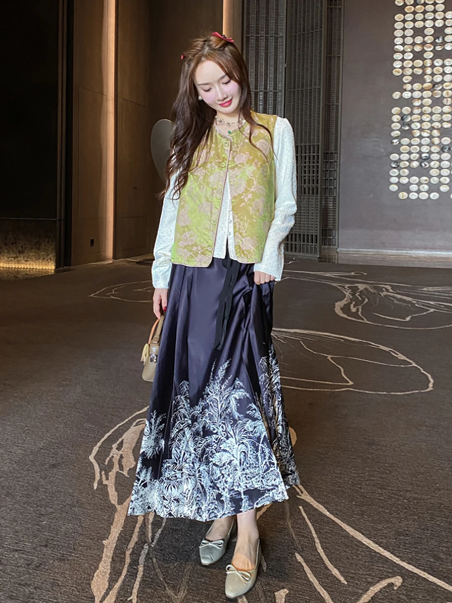 

Young Women's High Waist Bla Pleated Skirt Chinese Sle A-Line Midi Skirt New Autumn Collection Faionable Traditional Hanfu