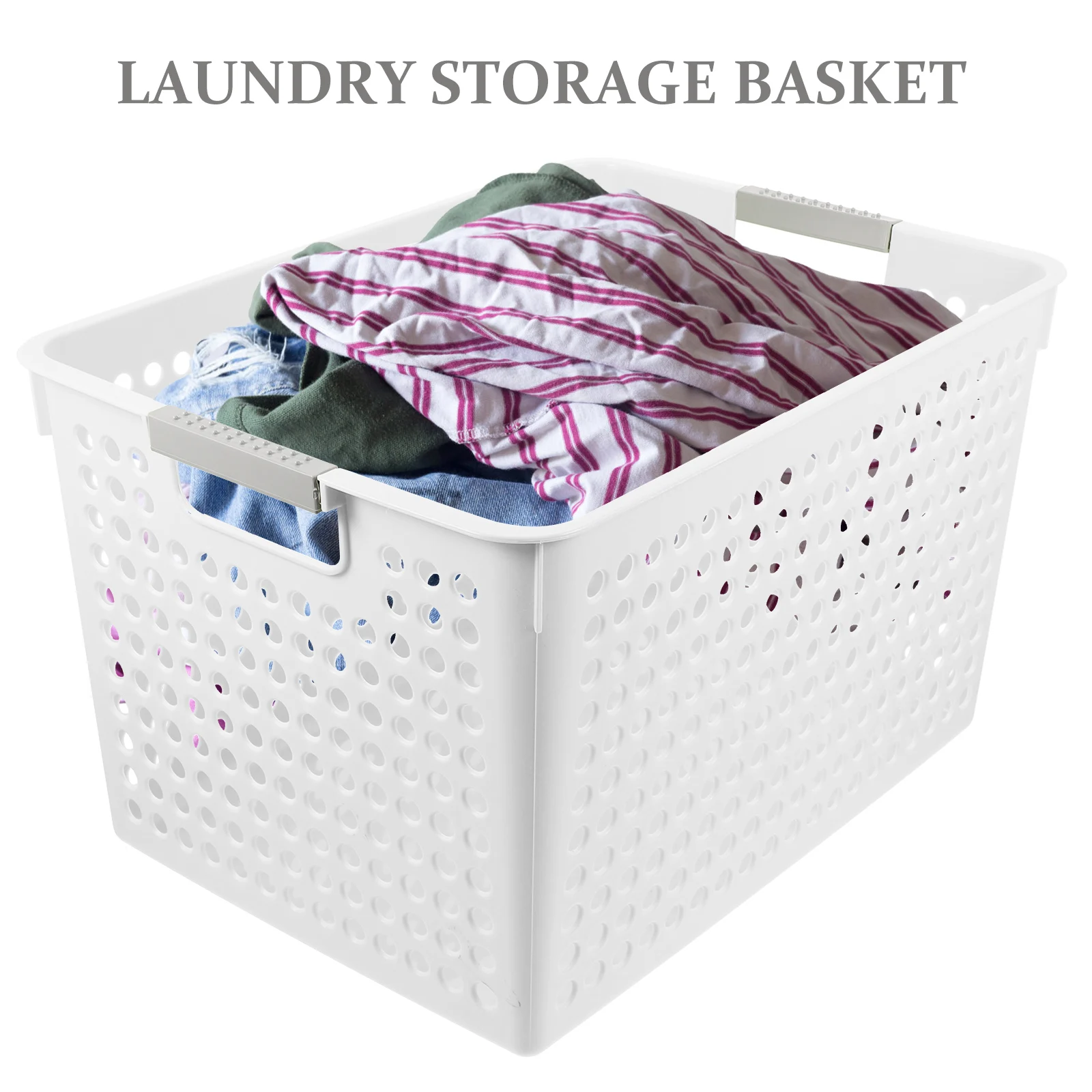 

Laundry Basket Storage Organizer Large Capacity White Color Handheld Plastic Rectangle Home Office Bedroom Bathroom Scene