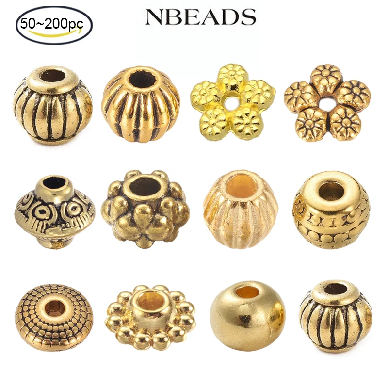 

50-200PC Spacer Beads Tibetan Style Beads Alloy Beads Bicone Beads Flower Beads for DIY Jewelry Craft Making Antique Golden