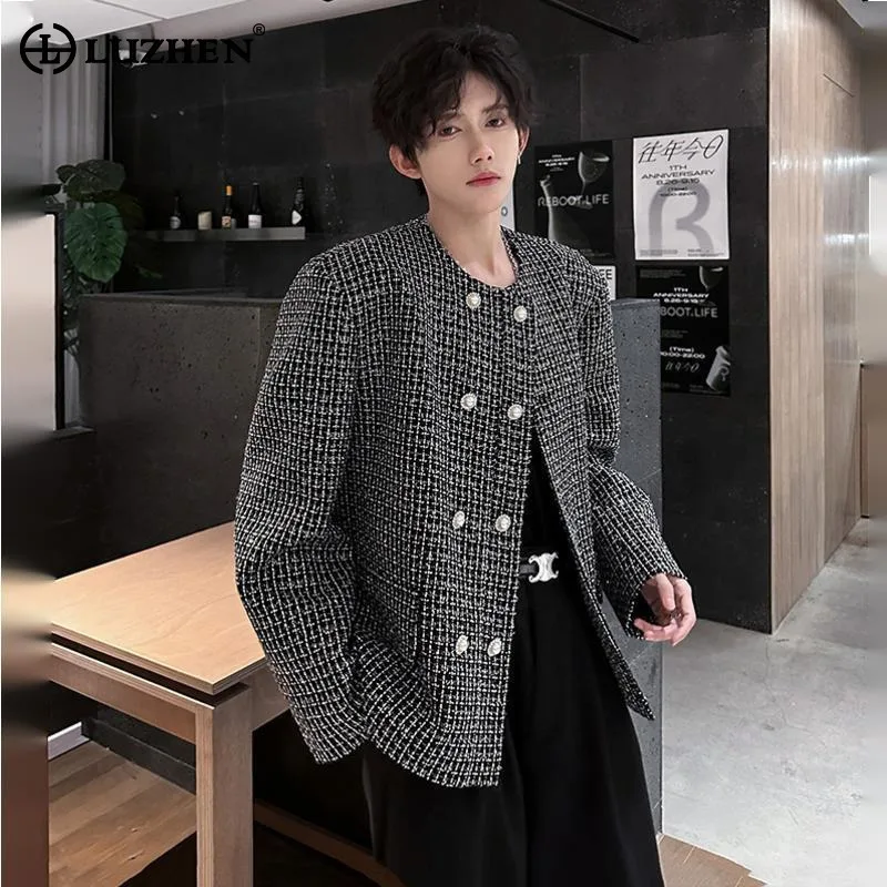 

LUZHEN 2025 осенний новый стильный красивый пиджак в клетку с принтом, мужская мода, элегантная двубортная куртка, одежда JY4383