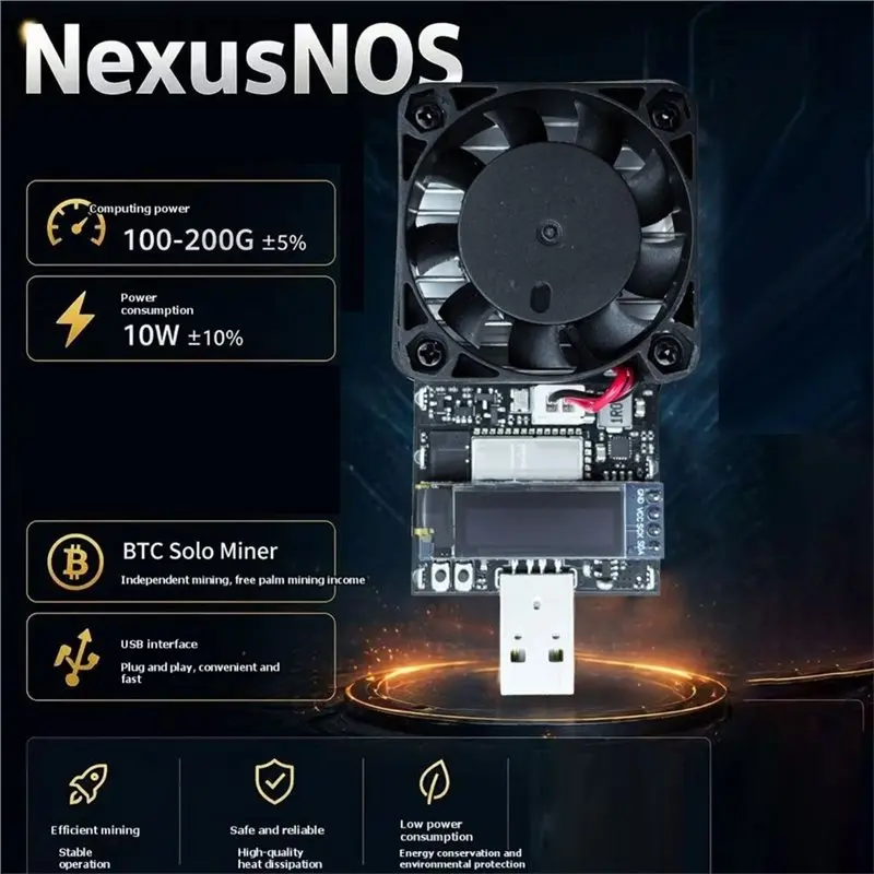 AU61-Play For Home Compatible Nexusnos BTC SOLO Miner 100-200GH/S Hashrate 10W USB Miner Featuring Display And Cooling Fan Plug