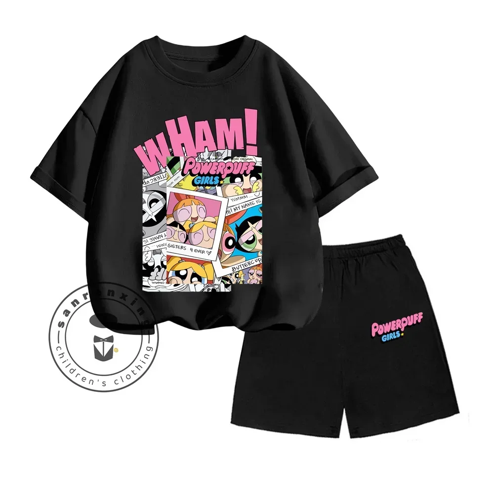 2025 3-13 Years Old Powerpuff Girls Cartoon Printed Set Summer Absorb Sweat Print Design T-shirt T-shirt+loose Edition Shorts