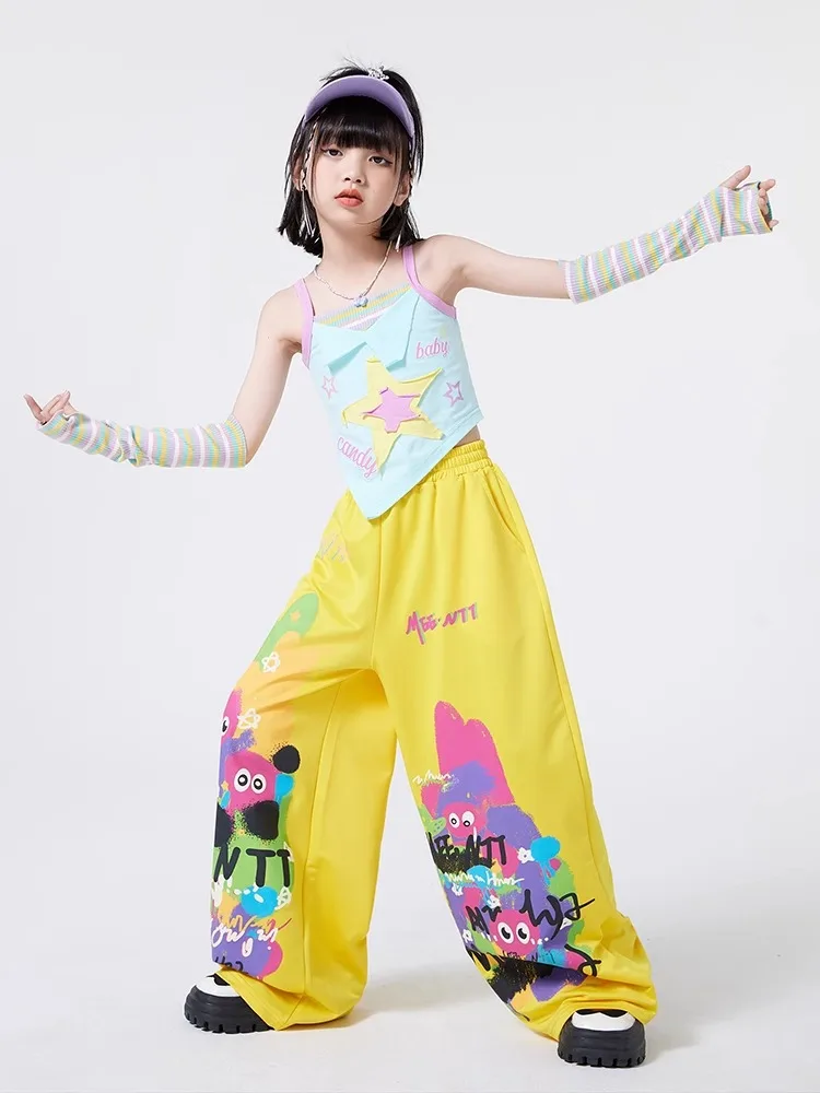 Ropa bonita de Hip Hop para chico, camiseta sin mangas corta con tirantes azules, pantalones deportivos anchos informales con estampado amarillo para niña, traje de baile de Jazz, ropa