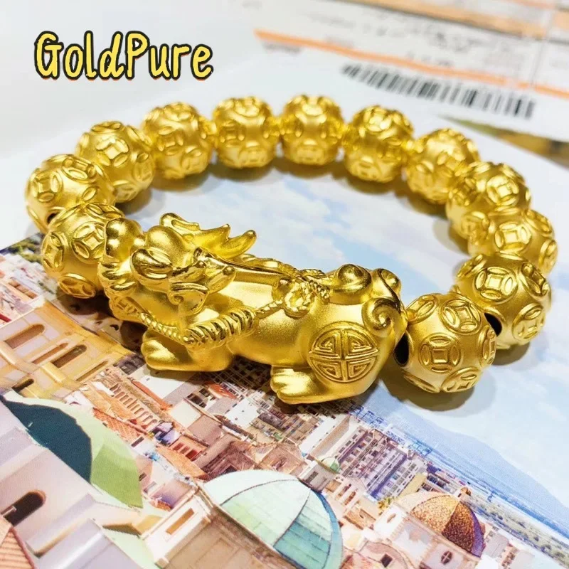 

Goldpure Pixiu Bracelet 999 Gold 24K Real Gold Men's Rich Bracelet Buddha Bead Bracelet Money Bead Bracelet