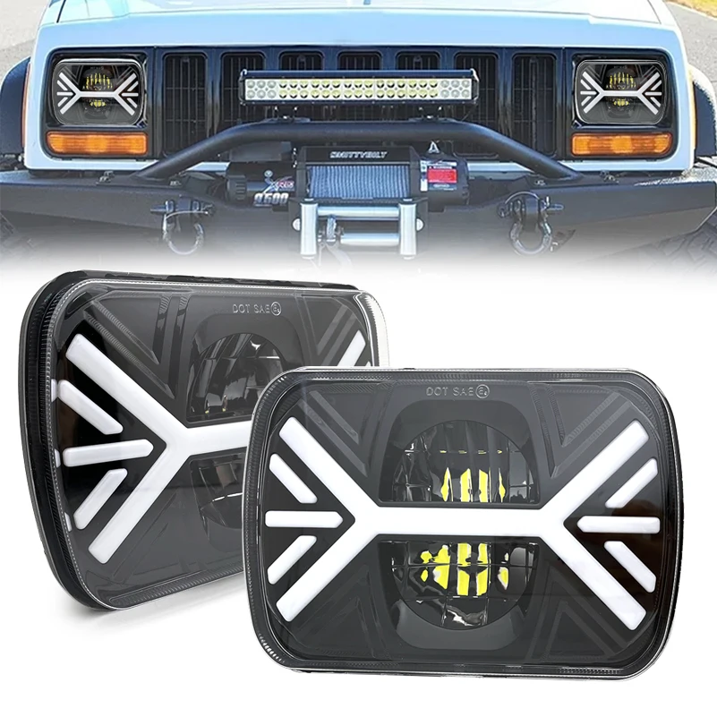 2pcs Square 5x7 6X7 Inch Car LED Projector Headlight With Trun Signal DRL For Jeep Cherokee XJ Wrangler YJ For GMC/Ford.